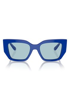 Statement-making frames fitted with UV-protective lenses bring a modern aesthetic to these Italian-made sunglasses with logo-stamped temples. 51mm lens width; 20mm bridge width; 140mm temple length 100% UV protection Acetate Made in Italy Blue Wayfarer Shield Sunglasses With Gradient Lenses, Blue Mirrored Lenses Square Frame Sunglasses, Blue Square Frame Sunglasses With Mirrored Lenses, Modern Blue Cat Eye Sunglasses With Gradient Lenses, Blue Square Frame Sunglasses With Tinted Lenses, Modern Blue Cat Eye Sunglasses With Polarized Lenses, Modern Blue Cat Eye Sunglasses With Tinted Lenses, Blue Sunglasses With Uva Protection For Pool, Blue Tinted Sunglasses For Pool