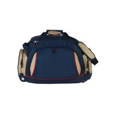 a blue and tan bag with wheels on it