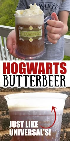 the hogwarts beer is being served in a plastic cup with whipped cream on top