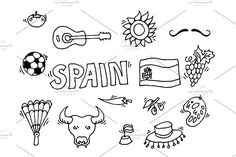 the word spain surrounded by doodles and other things in black ink on a white background