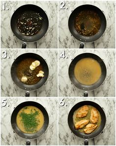 six pictures showing how to cook shrimp and broth