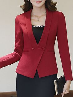 V-Neck Plain Long Sleeve Blazer  CheapClothingCity #blazer #blazers #dresses #dress Office Look Women, Office Wear Dresses, How To Wear Blazers, Work Blazer, Vest Outfits, Coat Design, Long Sleeve Blazers, Blazer Outfits, Blazer Fashion