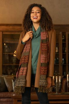 In a variety of elegant colors, intricate wave patterns decorate the length of this wrap scarf from India. Sandeep Malhotra presents this scarf, which is woven from wool by local artisans. Dangling fringe work accents the ends of this fascinating accessory. Full Length Coat, American Baby, Unique Fall, Car Coat, Caramel Brown, Wrap Scarf, Brown Coat, Wave Pattern, Baby Alpaca