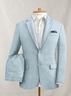 Dial-up your workwear with our Solbiati Sky Blue Seersucker Suit that provides a more relaxed take on formal dressing. Crafted from 100% cotton, the suit's faded-blue hue adds glam to your appearance and is easy to style through the warm seasons whereas the stripes give a striking appeal to its entire look. Men's clothing style#studiosuits#suit#mensstyle#mensfashion#mensattire#dappermen#stylishmen#suitfashion Seersucker Jacket, Beach Wedding Suits, Grey Wool Suit, Green Velvet Jacket, Light Blue Suit, White Linen Suit, Peaky Blinders Suit, Seersucker Suit, Royal Blue Suit