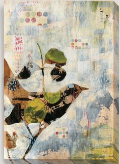 an abstract painting with birds and leaves on it