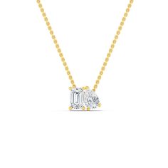 This Lab Grown Diamond Toi Et Moi Pendant Necklace is the perfect gift. With .89 ctw of two lab-created diamonds, it's sure to sparkle and impress. Show your special someone how much you care with this symbol of love and commitment. Color F-G Clarity VS1-VS1, .89 carat total weight. 18", lobster clasp *This item is custom made just for you in your metal preference. *Please contact us prior to purchasing with any questions, we are happy to help. 14k Gold Necklace With Emerald Cut Diamond Accents, White Emerald Cut Diamond Necklace With Accents, Emerald Cut Diamond Necklace With Diamond Accents, Gold Diamond Necklace With Lab Grown Diamonds, Emerald Cut Diamond Necklace With Vvs Clarity, White Cubic Zirconia Emerald-cut Diamond Necklace, Gold Solitaire Necklace With Emerald-cut Diamond Accents, Gold Solitaire Necklace With Emerald Cut Diamond Accents, Fine Jewelry Yellow Gold Emerald Cut Diamond Necklace