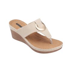 Get versatile appeal with GC Shoes' Genelle wedge sandal. Its leather top and faux wooden bottom create a modern look that adds a pop of fun to any outfit. Plus, the footbed has extra cushioning for all-day comfort. Never having to sacrifice style for comfort. Perfect for staying stylish and comfortable on the go. Neutral Wedges, Slip On Wedge Sandals, Brown Wedge Sandals, Wedge Flip Flops, Womens Sandals Wedges, Shoe Carnival, Metal Accents, Round Toe Heels, Leather Slip Ons