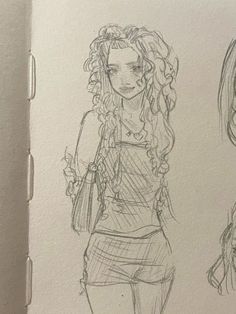 a drawing of a girl with long hair and a handbag in her other hand