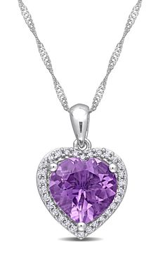 Pavé diamonds create a halo that frames a brilliant purple amethyst heart pendant that dangles from this giftable sterling silver necklace. 18" chain length, 0.67" pendant length Sterling silver/diamond/amethyst Imported Purple Heart Pendant, Purple Cubic Zirconia Jewelry For Valentine's Day, Purple Diamond Necklace Fine Jewelry, Fine Jewelry Purple Diamond Necklace, Purple Cubic Zirconia Necklace For Anniversary, Purple Cubic Zirconia Necklaces For Anniversary, Purple Diamond Necklace In Fine Jewelry Style, Purple Amethyst Necklace With Diamond Accents, Dazzling Purple Jewelry With Halo Setting