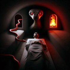 a person laying in a bed with a snake on the wall next to him and an evil looking fire coming from behind them