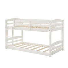 the bunk bed is white and has no mattresses