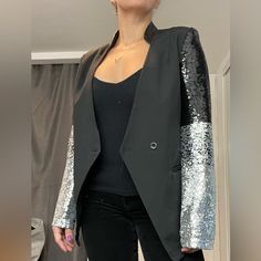 Nwt I Am A S/M It’s A Little Bigger On Me This Is More Like M/ L/ Xl Great Fabric Fall On The Body Very Nicely. Black Sequined Long Sleeve Blazer, Black Sequin Long Sleeve Blazer, Black Sequined Blazer For Spring, Black Fall Party Blazer, Trendy Black Outerwear With Sequins, Trendy Black Sequined Outerwear, Black Winter Blazer For Night Out, Black Blazer For Night Out In Winter, Silver Jacket