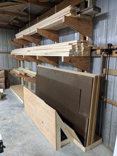 there is a tv that is being built in the garage with wood on top of it