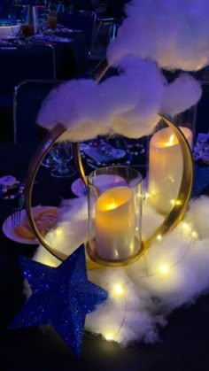 Under The Stars Prom Decoration, Cloud 9 Prom Theme Ideas, A Night Under The Stars Centerpieces, Start Night Centerpieces, Clouds Prom Theme, Sweet 16 Cloud Theme, Cloud 9 Formal Theme, Cloud Theme Sweet 16, Midnight Theme Centerpieces