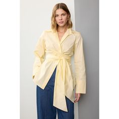 Yellow cotton (100% Cotton). Top. Long sleeves. Collared neckline. Front button closure. 29" from shoulder to hemline. Imported. Fall Cotton Collared Blouse, Fall Cotton Blouse With Collar, Fall Cotton Blouse, Chic Spring Blouse With Spread Collar, Spring Blouse With Spread Collar And Placket, Spring Day Out Blouse With Placket, Spring Day-out Blouse With Placket, Spring Blouse With Placket For Day Out, Spring Blouse With Spread Collar For Day Out