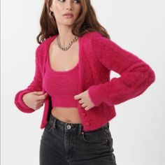 Garage Fuzzy Knit Sweater And Tank Top Size Xs Never Worn Pink Cropped Sweater For Winter, Cozy Cropped Cardigan For Winter, Winter Cropped Knitted Sweater, Casual Red Cropped Sweater For Winter, Trendy Red Cropped Sweater For Winter, Fuzzy Top, Angora Sweater, The Feels, All The Feels