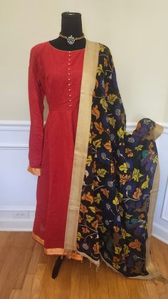 Cotton mangalgiri long dress with poliki buttons on the yoke part comes with black pen kalamkari duppatta. Red Size: 40in goes till 42in Yellow size: 38 to 40in Kurti Sets, Black Pen, Blazer Suit, Long Dress, Art Collection, Bathing Beauties, Pen, Blazer, Purses And Bags