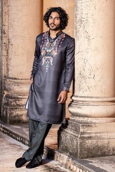 Black kurta with abstract flora print. Paired with matching aligadi pant. - Aza Fashions Black Traditional Wear With Printed Motifs, Traditional Unstitched Suit With Digital Print For Festivals, Traditional Unstitched Suit For Festivals With Digital Print, Fitted Black Traditional Wear With Printed Motifs, Traditional Unstitched Suit With Digital Print, Digital Print Traditional Drape Sets For Eid, Traditional Drape Sets With Digital Print For Eid, Black Unstitched Suit With Digital Print, Black Unstitched Suit With Digital Print And Long Sleeves