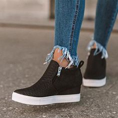 Style: Fashion. Stylish Item: Sneakers Upper Material: PU Toe: Round Toe Closure Type: Zipper Heels: Wedge Heel Heels Height: About 3 cm Shoes Walmart, Comfy Wedges, Heel Sneakers, Converse Outfits, Wedge Heel Sneakers, Style Converse, Balenciaga Sneakers, Wedge Loafers, Zipper Heels