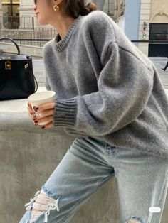 DetailsMaterial: CashmereCollar: O-neck Loose Fit Sweater, Thick Sweater, Pull Gris, Cashmere Sweater Women, Winter Pullover, Thick Sweaters, 2023 Autumn, Women Sleeve, Daily Dress