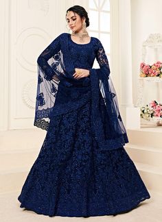 Indian Clothes - Navy Blue Pearl Embroidered Wedding Lehenga Choli Dark Blue Lehenga, Navy Blue Lehenga, Navy Blue Party, Sabyasachi Lehenga, Party Wear Lehenga Choli, Blue Lehenga, Gaun Fashion, Lehenga Online, Net Lehenga