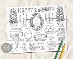 an adult coloring book with happy nowruz pictures on it and two colored pencils next to it