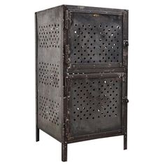 an old metal cabinet with holes on the front and side panels, sitting against a white background