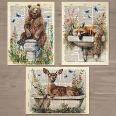 three pictures of animals sitting on top of a bathtub with flowers and butterflies around them