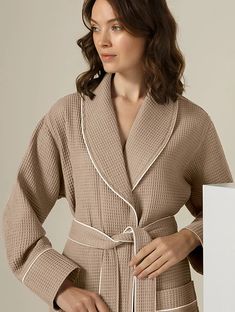 Luxury Women's Taupe Bathrobe - Women's Black Bathrobe | Seyante Waffle Bathrobe, Luxury Robes, Trim Styles, Womens Apparel, Black Luxury, Shower Routine, Waffle Weave, Luxury Women, Comfy Outfits