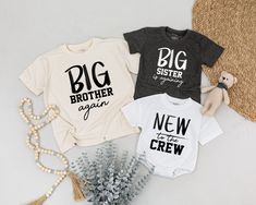 Please enter the exact custom text you want for exact shirt SEPERATELY. I will print what you added, please be careful! Don't forget to add your baby's gender BE CAREFUL WITH YOUR CUSTOM TEXT YOU WANTALL ORDERS OVER 4 ITEMS WILL RECEIVE A 45% DISCOUNT  ❌ THIS IS NOT A SET ❌ ♻️ IF YOU PLACE ONE ITEM, YOU WILL RECEIVE ONLY ONE ITEM. IF YOU WANT ALL ITEMS IN THE PHOTO, PLEASE PLACE AN ORDER WITH THE QUANTITY OF SHIRT YOU WANT ♻️ DON'T FORGET TO ADD THE CLEAR CUSTOM FOR EACH SHIRT ❤️Hope you having Baby 3 Pregnancy Announcement, Big Sibling Announcement, 3rd Baby Announcement With Siblings, Sibling Shirts For 3, Oldest Middle Youngest, 3rd Pregnancy Announcement, 3rd Baby Announcement, Big Sister Announcement Shirt, Creative Pregnancy Announcement