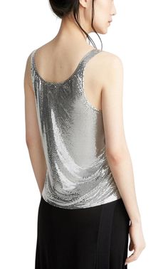 Detailed with logo-engraved snaps, Paco Rabanne's sleeveless top is composed of polished silvertone metal mesh.The shimmering material is a celebrated signature of the label.Scoopneck. Logo-etched silvertone snaps.Snap closure at side.Silver.100% aluminum.Hand wash.Made in France. Chic Silver Sleeveless Top, Silver Sleeveless Top For Evening, Silver Tank Top For Party, Silver Sleeveless Top For Night Out, Glamorous Silver Sleeveless Tops, Chic Fitted Silver Tank Top, Silver Sequined Tank Top, Silver Fitted Tank Top, Elegant Metallic Tank Top For Summer