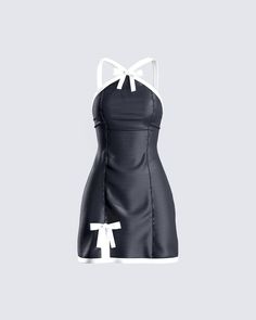 Make your presence a gift with this black mini dress 😚 Crafted from satin charmeuse fabric and adorned with white bows for a classy, and playful look 🤍 Black Mini Dress With Bow Straps, Chic Black Dress With Satin Bow, Black Mini Dress With Satin Bow For Party, Party Satin Mini Dress With Bow Straps, Satin Mini Dress With Bow For Night Out, Evening Satin Mini Dress With Bow Straps, Black Mini Dress With Bow Straps For Evening, Black Mini Dress With Bow Tie Back, Elegant Black Mini Dress With Bow Straps