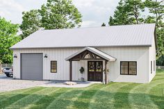 this is an artist's rendering of a barn style home with two garages