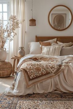 a bedroom with a large bed and lots of pillows on the floor in front of a window