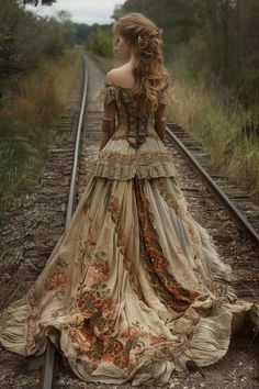 a woman standing on train tracks in a dress