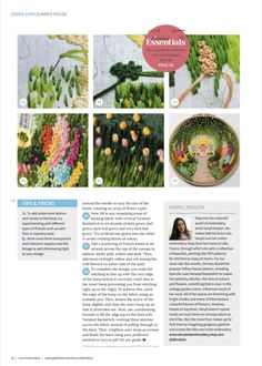 an article in the cross stitch magazine features pictures of flowers and plants, including tulips