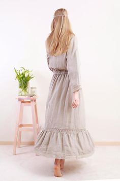 Linen long dress in style boho/hippie stryle.Long sleeves, lowers waist linen elasticated, with frill at bottom.Pure linen laces at neck line, sleeves bottom and frill bottom and attaching seam.Dress center back lenhth - 130cmDress quality washed - should not shrink anymore.For this item I recommend handwashing machine cycle with delicate detergents and no bleachers. On picture S size model wears S size dress in natural undyed flax color.CARE RECOMMENDATION FOR ITEMS WITH LINEN LACES: after wash Beige Hippie Maxi Dress For Spring, Hippie Beige Maxi Dress For Spring, Bohemian Linen Midi Dress For Daywear, Bohemian Linen Midi Dress For Vacation, Bohemian Linen Maxi Dress For Daywear, Spring Linen Maxi Dress, Flowy Fit, Spring Bohemian Fitted Linen Dress, Flowy Linen Maxi Dress For Spring, Bohemian Maxi Dress For Daywear With Relaxed Fit