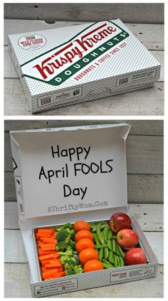 an open box filled with lots of vegetables next to a sign that says happy apricots day