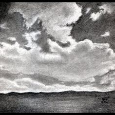 a black and white drawing of clouds over the ocean