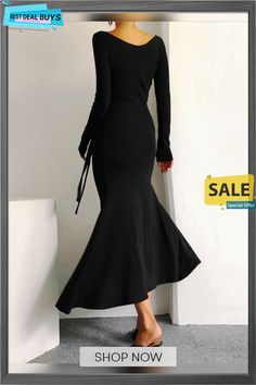 Black Daily Long Sleeve Elegant Cross Neck Dress Fitted Solid Black Midi Dress, Black Solid Color Winter Dress, Black Solid Color Midi Dress For Party, Black Solid Color Maxi Dress For Fall, Chic Black Solid Color Maxi Dress, Black Solid Color Maxi Dress For Night Out, Black Long Winter Dresses, Black Long Sleeve Midi Dress For Fall, Black Long Sleeve Maxi Dress For Winter