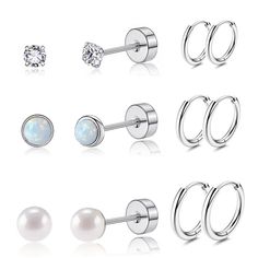 PRICES MAY VARY. 💎【EARRINGS SETS for MULTIPLE PIERCINGS】One order Includes 3 pairs flat back stud earrings and 3 pairs small hoops earrings. You can match these earrings studs or cartilage Helix rook, daith, tragus as you like 💎【MATERIAL AND SIZE】These Small Earrings are made of 316L Surgical Steel in 14K Gold Plated. earrings for sensitive ears hypoallergenic , nickel-free and lead-free. These huggie hoops inner diameter are 6mm(0.24 in)/8mm(0.32 in)/10mm(0.40 in), these flat back earrings is Earrings Sets, Multiple Piercings, Flat Back Earrings, Earring Sets, Opal Earrings Stud, Tiny Studs, Hoops Earrings, Opal Studs, Tiny Stud Earrings