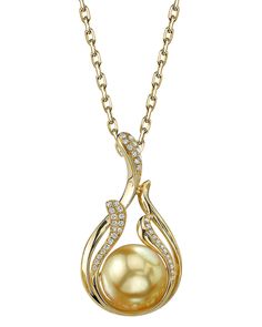 This 10mm Golden South Sea pearl pendant is made with a gorgeous AAA quality pearl with 'Very High' luster (please see our pearl grading section for more information). This pearl pendant is comprised of approximately .143 carats of SI-quality diamonds and is made of 2.551 grams of the highest quality 14K gold. All of our pearl pendants are made on site, and our experienced staff of GIA certified specialists pay careful attention to all details in order to create a truly beautiful pearl pendant. Unique Gold Rings, Golden South Sea Pearls, Pearl Jewelry Sets, Golden Jewelry, Pearl And Diamond Earrings, Bridal Gold Jewellery Designs, Sea Pearl, Fancy Diamonds, Viking Jewelry