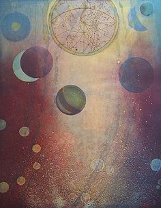 an abstract painting with planets and a sundial in the center, surrounded by stars