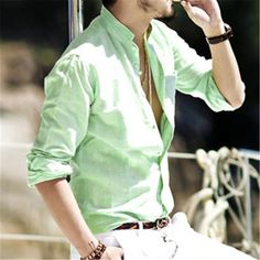 spring casual linen long sleeve shirt s285 Casual Light Green Long Sleeve Tops, Green Long Sleeve Shirt For Summer, Green Long Sleeve Summer Shirt, Casual Green Shirt For Spring, Classic Green Shirt For Spring, Shirts Pattern, Spring Song, Mandarin Collar Shirt, England Style