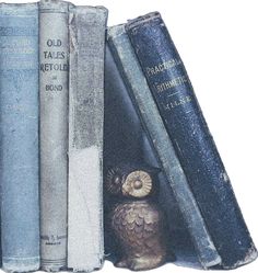 three books are stacked on top of each other with an owl figurine next to them