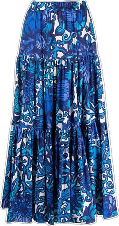 Blue Voluminous Maxi Skirt For Summer, Blue Tiered Lined Skirt, Blue Lined Tiered Skirt, Blue Tiered Skirt With Lining, Blue Tiered Bottoms With Elastic Waistband, Blue Floral Print Tiered Maxi Skirt, Blue Tiered Gathered Skirt, Blue Tiered Skirt With Elastic Waistband, Blue Printed Cotton Skirt