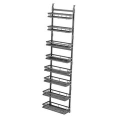 a metal shelving unit with six shelves