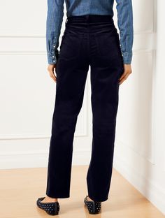 Our flattering straight leg pants in plush corduroy. Supersoft feel. Crafted in a '90s-inspired, full length silhouette to enliven your ensemble. With classic five-pocket styling and just-right stretch. Figure-boosting high waist for a more modern fit. Features Straight Leg Hits Above Waist Full Length Fly front with button closure Five pocket Imported Fit: Misses: 30 1/2"; Petite: 28 1/2" Material: 98% Cotton, 2% Spandex Care: Machine Wash Cold; Only Non-Chlorine Bleach When Needed; Or Dry Clean; Tumble Dry Low; Warm Iron On Reverse | Stretch Corduroy Relaxed Straight Leg Pants - Solids Talbots Classic Style Women, 90s Inspired, Sweater Sale, Suits Coats, Knit Pants, Sweater Blouse, Straight Leg Pants, Modern Fit, Modern Classic