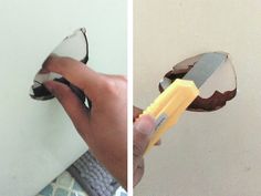 two pictures side by side, one is peeling the wall and the other is holding a pair of scissors