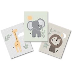 three cards with animals and giraffes on them